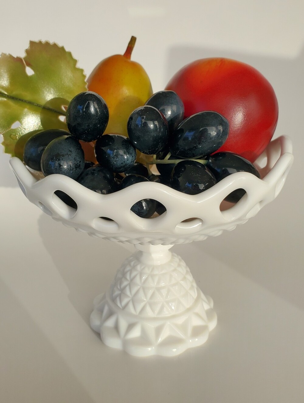 Imperial Diamond Point Milk Glass Pedestal Compote Bowl. Soft Faux Fruit VTG EUC